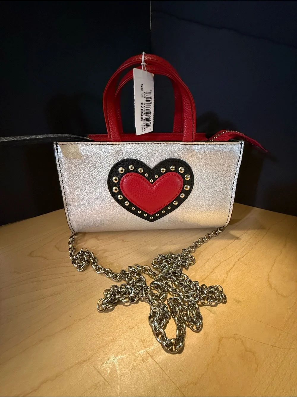 Multicolor Heart Print Mini Tote with Red Handles